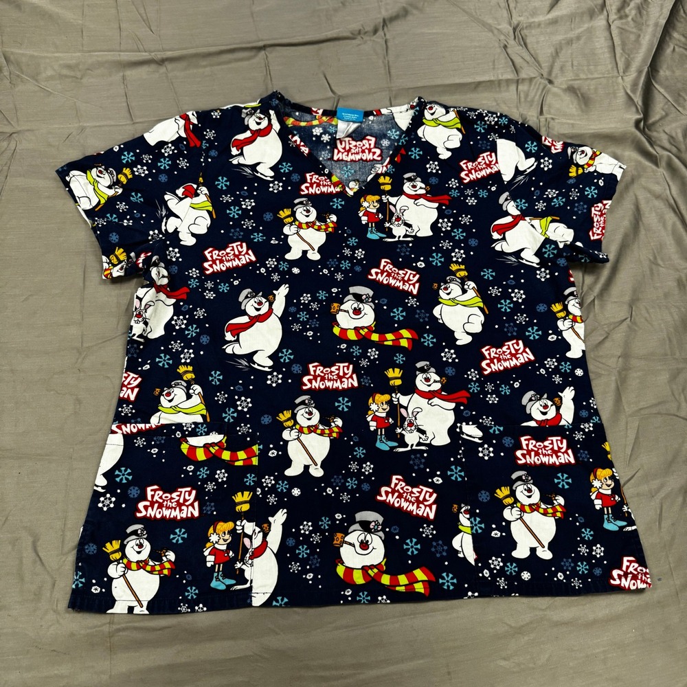 Frosty the Snowman Scrub Top Large Navy Blue Christmas Holiday V-Neck Medical